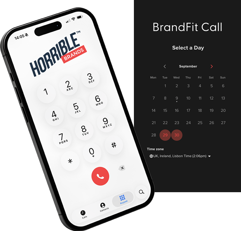 Horrible Brands phone dialler next to a BrandFit Call booking calendar