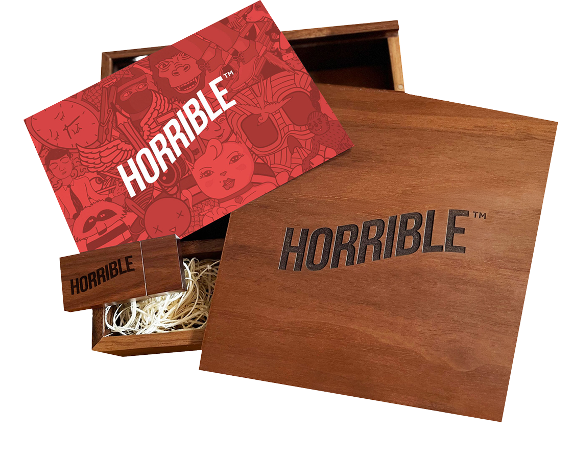 Horrible branded wooden presentation box with a red brand book and USB drive