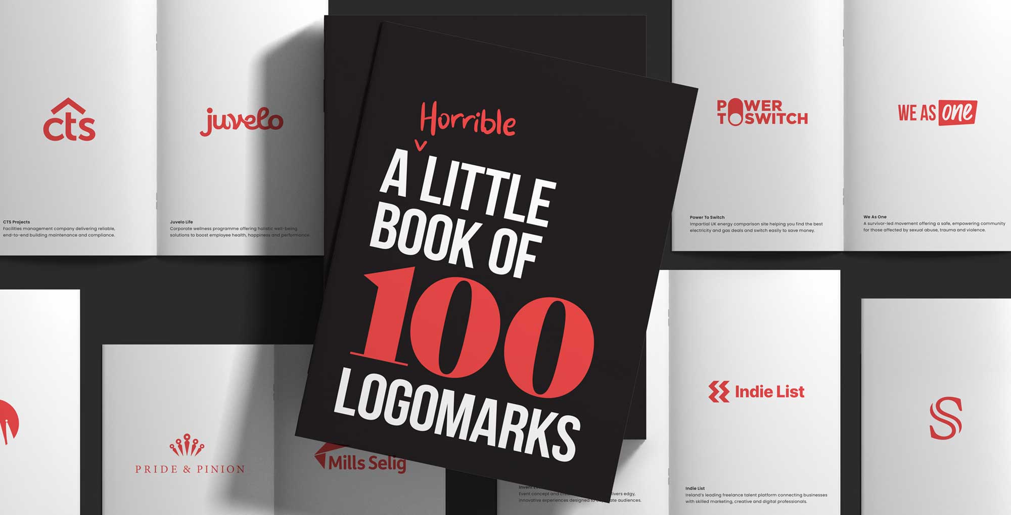 A Horrible Little Book of 100 Logomarks, open on pages of client logos